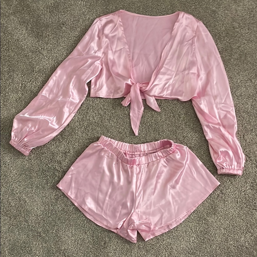 NWOT Shein Pink Satin Tie-Front Top and Shorts Set